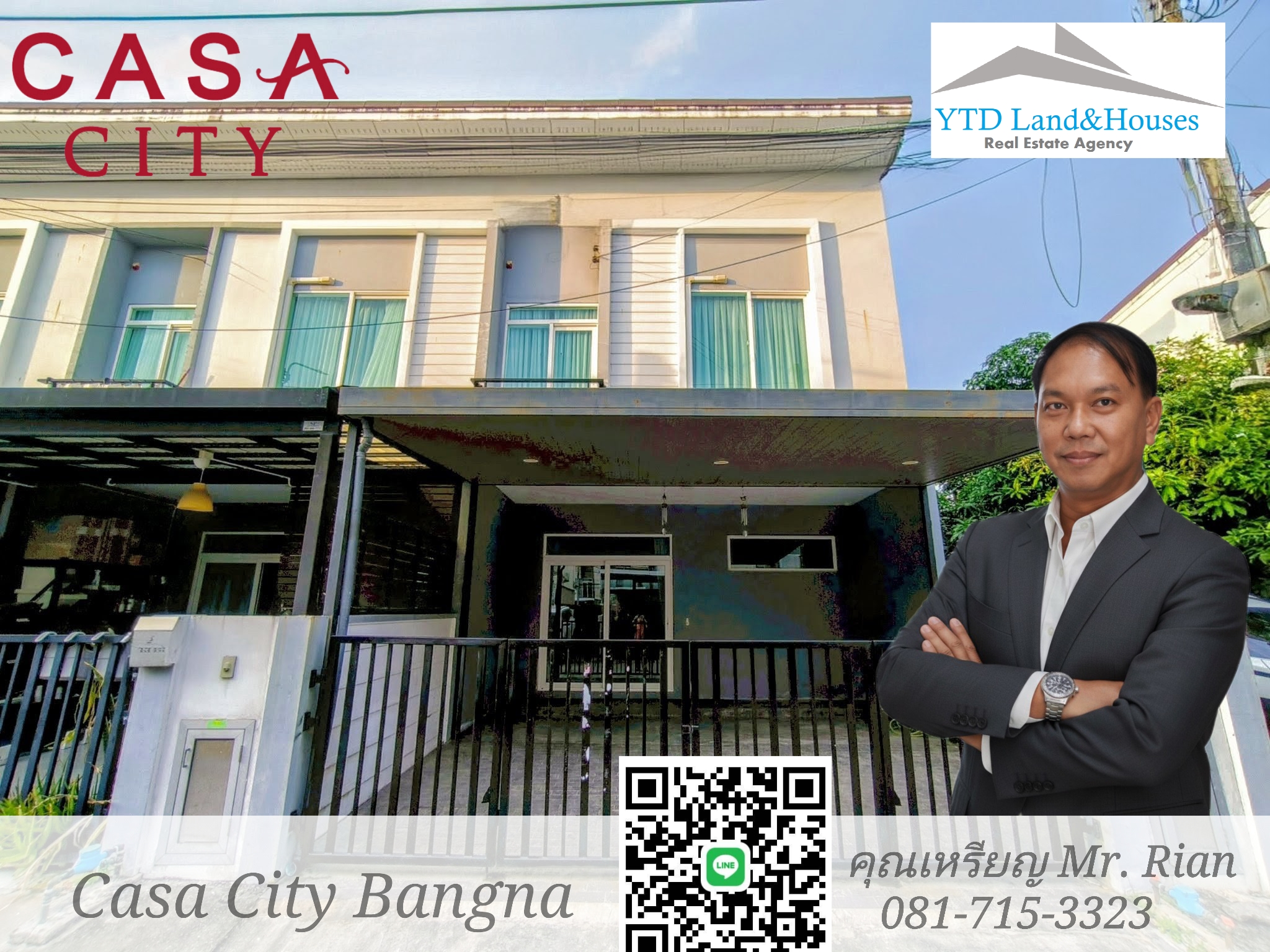 For rent: 2-story townhome near Mega Bangna, best location in the area, Casa City Bangna Km. 7, corner house, awnings added to the front and back of the house, ready to move in.