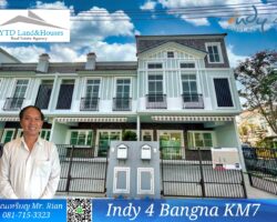 For rent 2-story townhome near Mega Bangna, only 500 meters, best location in the area, Indy 4 Bangna Km.7, in the front zone near Concordian International School. Corner house with mezzanine in the master bedroom, electric awning in front of the house, fully furnished, good location, can enter and exit both Soi Ratchawinit and the expressway road.