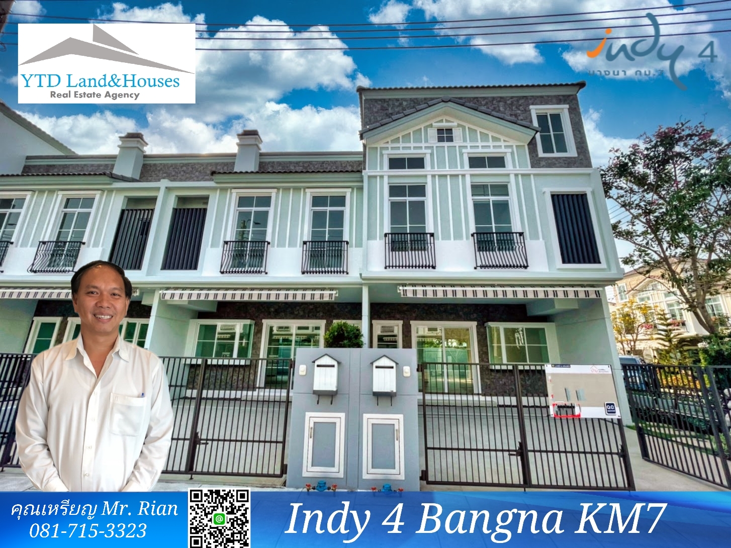 For rent 2-story townhome near Mega Bangna, only 500 meters, best location in the area, Indy 4 Bangna Km.7, in the front zone near Concordian International School. Corner house with mezzanine in the master bedroom, electric awning in front of the house, fully furnished, good location, can enter and exit both Soi Ratchawinit and the expressway road.