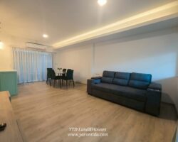 For rent 2-story townhome near Mega Bangna, best location in the area, Indy 2 Bangna-Ramkhamhaeng 2, the front of the house faces north, located on the main road, near the club, can park up to 4 cars, near both the club and the garden. The front has an electric awning. The back has a complete awning. Beautiful house. ready to move in.