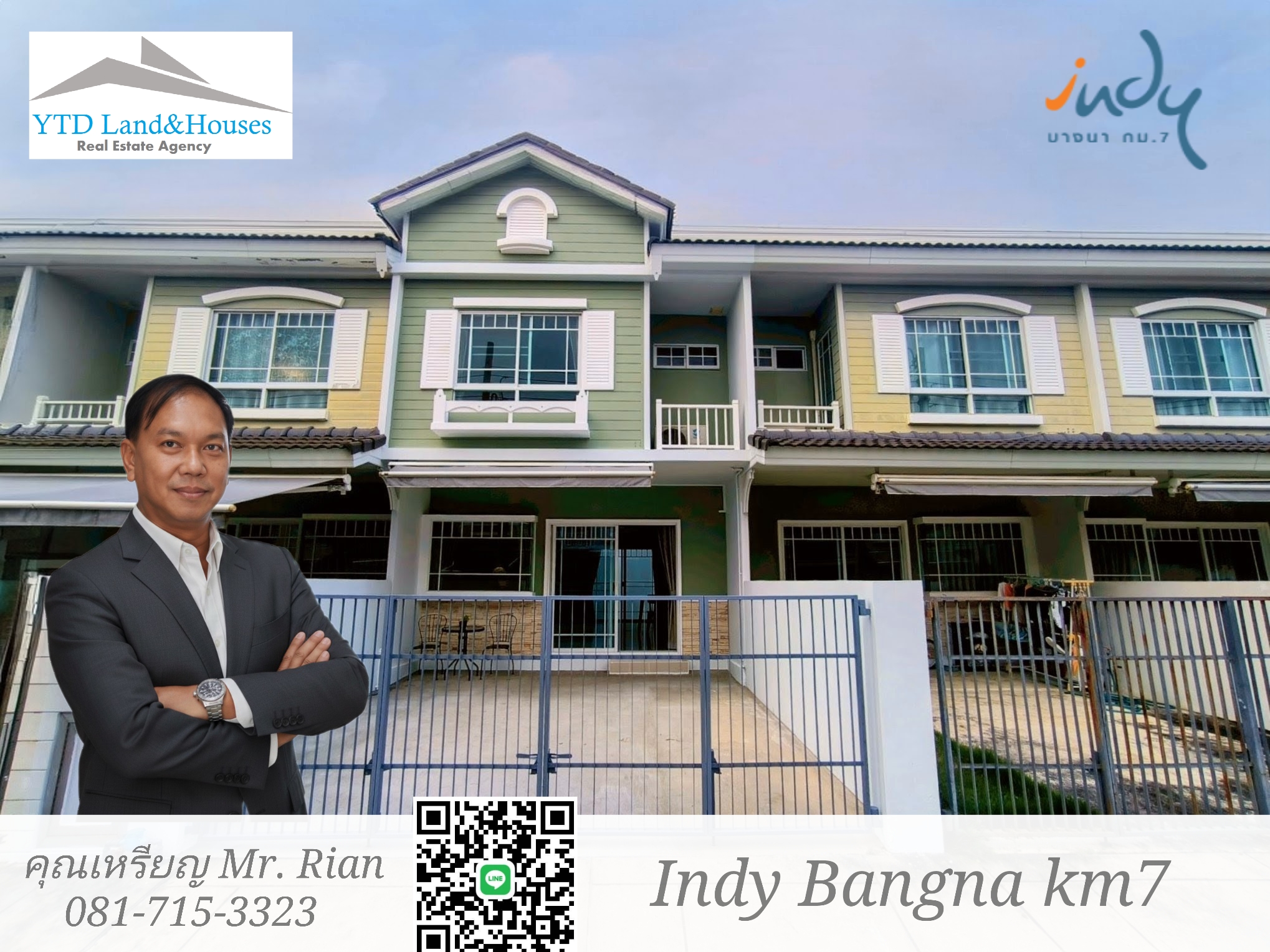 For rent 2-story townhome near Mega Bangna, best location in the area, Indy Km.7, the front of the house faces south. The house has been completely renovated, has an electric awning in the front, and the back is tiled. The house is beautiful and ready to move in.