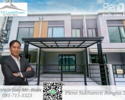 For rent: 2-story townhome in the Pleno Sukhumvit-Bangna 2, Good location, just 3 minutes from Mega Bangna. Fully furnished, with an awning in front of the house. Flooring and a roof for the awning at the back of the house. ready to move in.