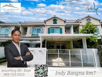 For Rent: 2-Storey Townhome near Mega Bangna Located in the best area of Indy Bangna Km.7. The front of the house faces south. The entire house has been newly renovated. There is a covered parking space in front, and the back area is tiled and converted into a fully functional kitchen. Beautiful home, ready to move in.